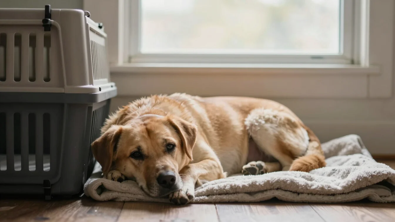 Natural editorial photograph of a calm medium dog resting near a