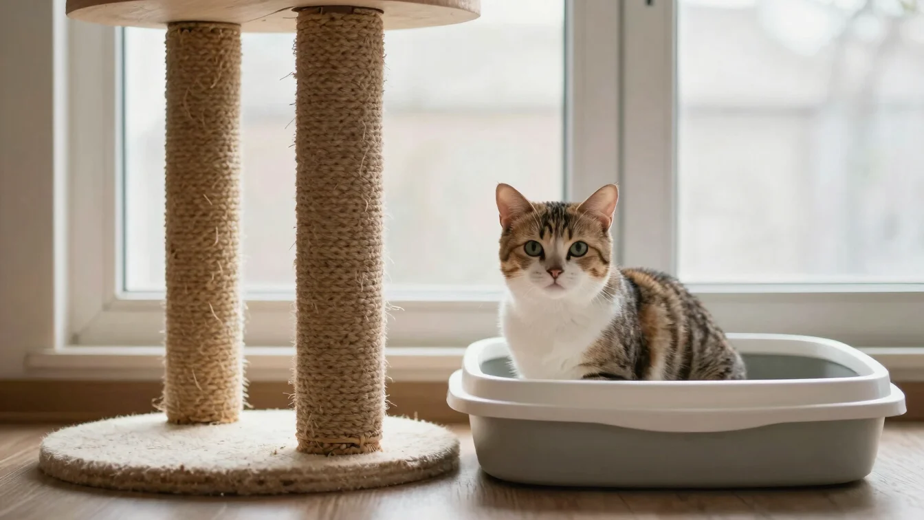 Natural editorial photograph of a cat near a sturdy sisal scratch