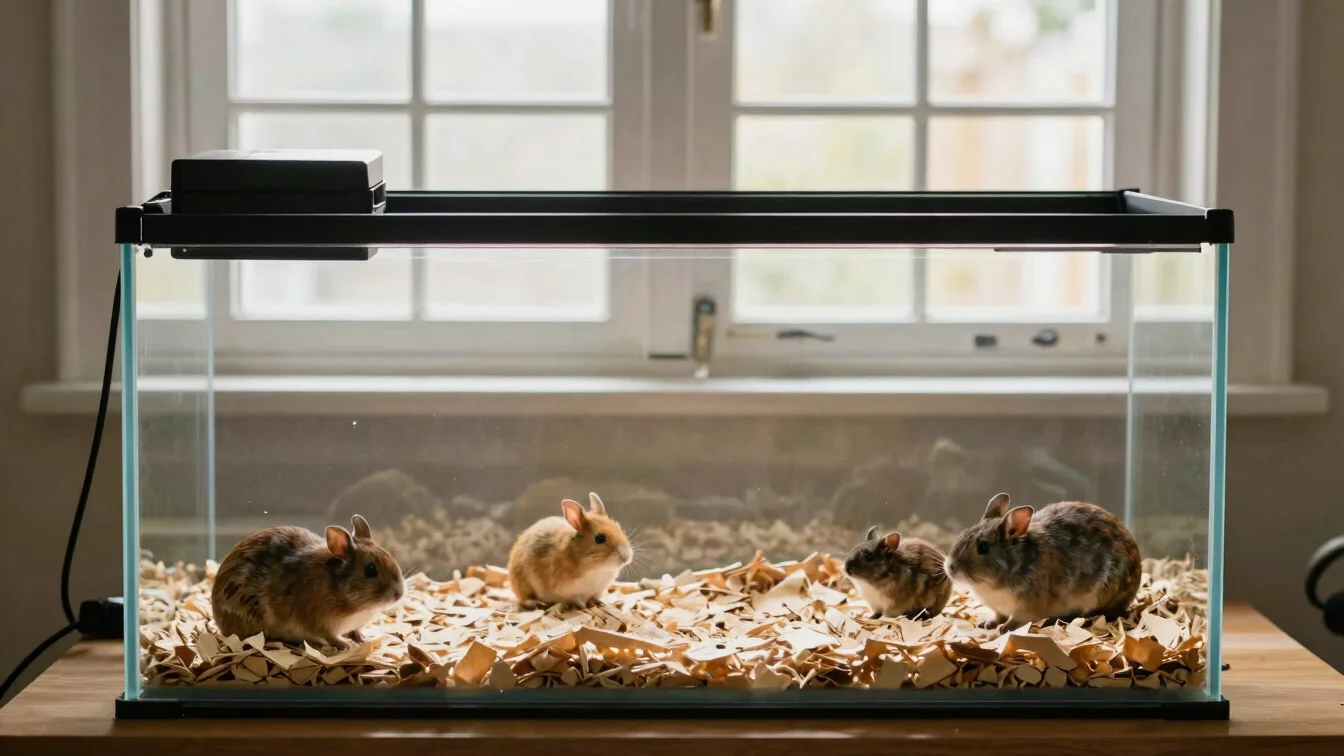 Natural editorial photograph of a small aquarium and a neatly set