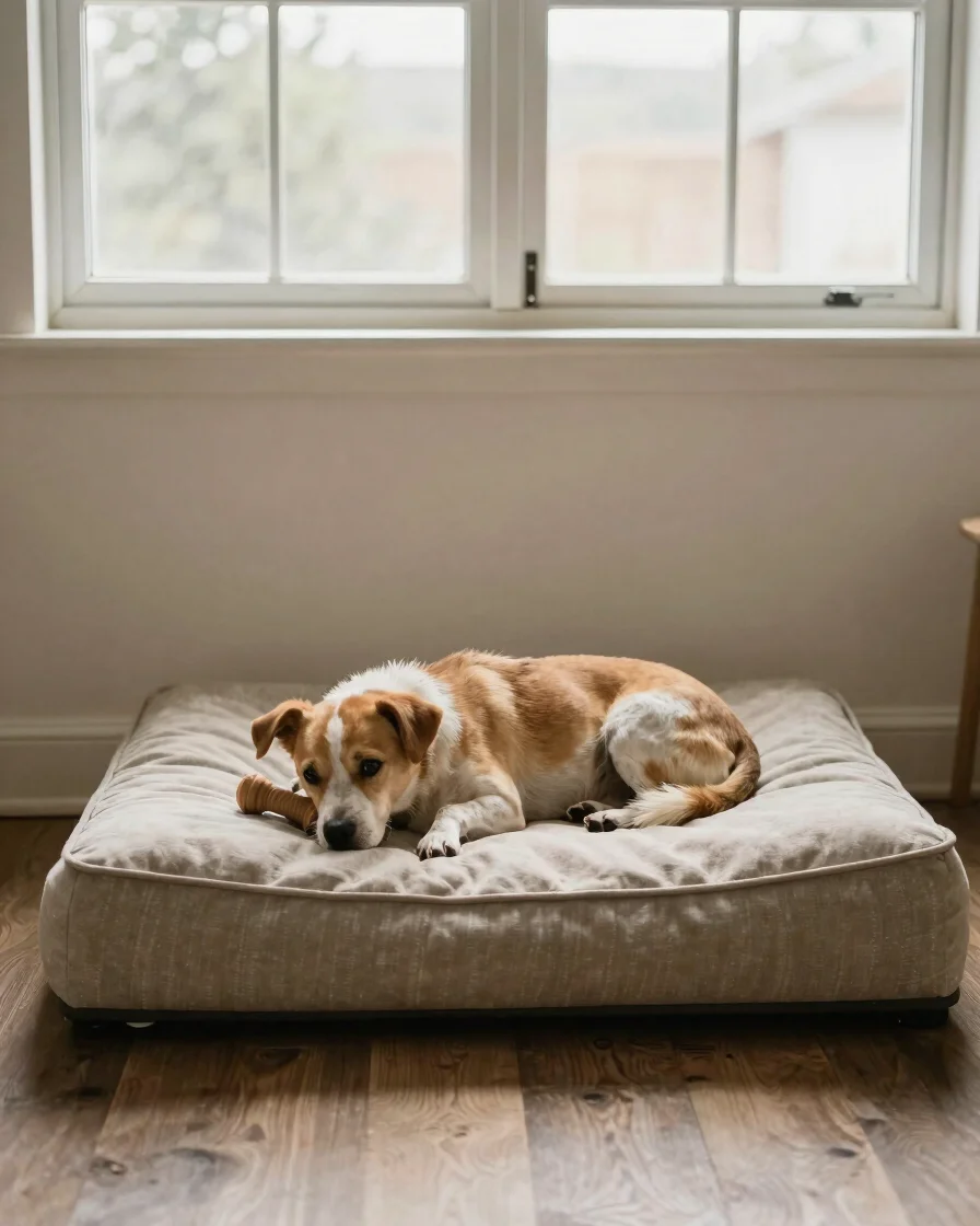 Natural editorial photograph, soft window daylight, warm neutral tones, 35mm lens: a small dog resting on a washable fab