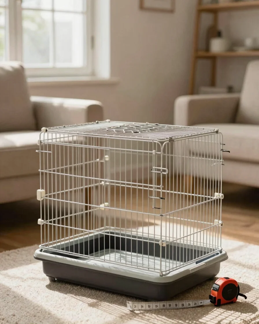 Natural editorial photograph of an empty small-pet cage in a warm