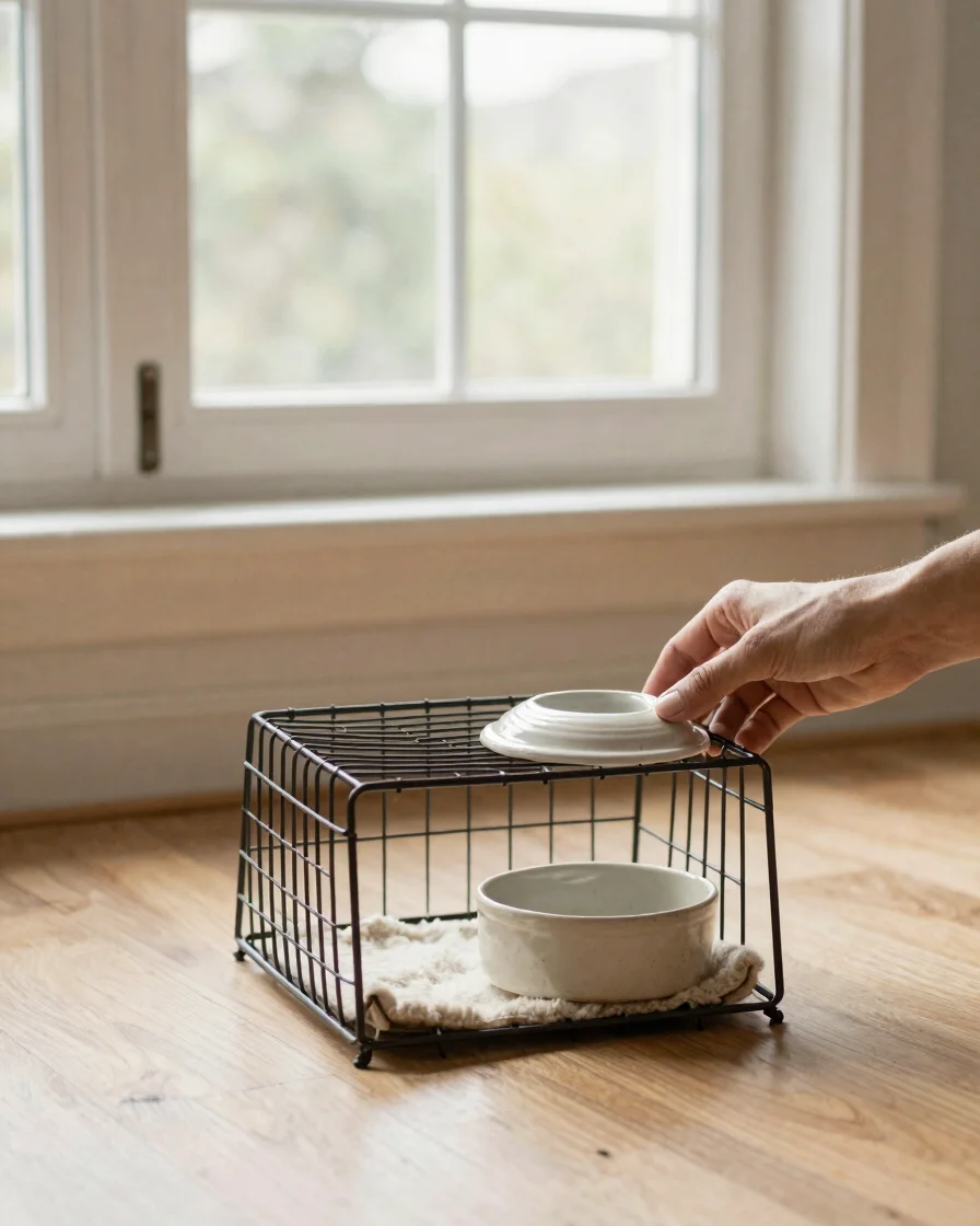 Wide natural editorial photograph, soft window daylight, a small
